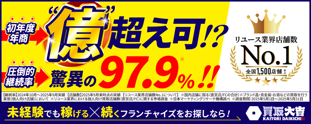 開業初年度で1億円超えも可能！本部の徹底サポートで年間店舗継続率は97.9%！ 稼げる×続く買取フランチャイズ！ ※対象期間：2024年10月～2025年9月  計算式：100-(閉店数÷（閉店数＋総店舗数）)×100＝店舗継続率  閉店数：当該場所での買取大吉としての営業が終了した数  総店舗数：2025年9月末時点の店舗数（直営＋FC） 